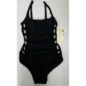 NWT Profile Gottex 6 Moto Black Lace Up Square Neck 1pc Swimsuit 130784